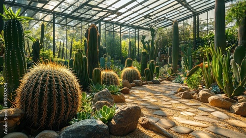 Green cactuses in botanical garden photo