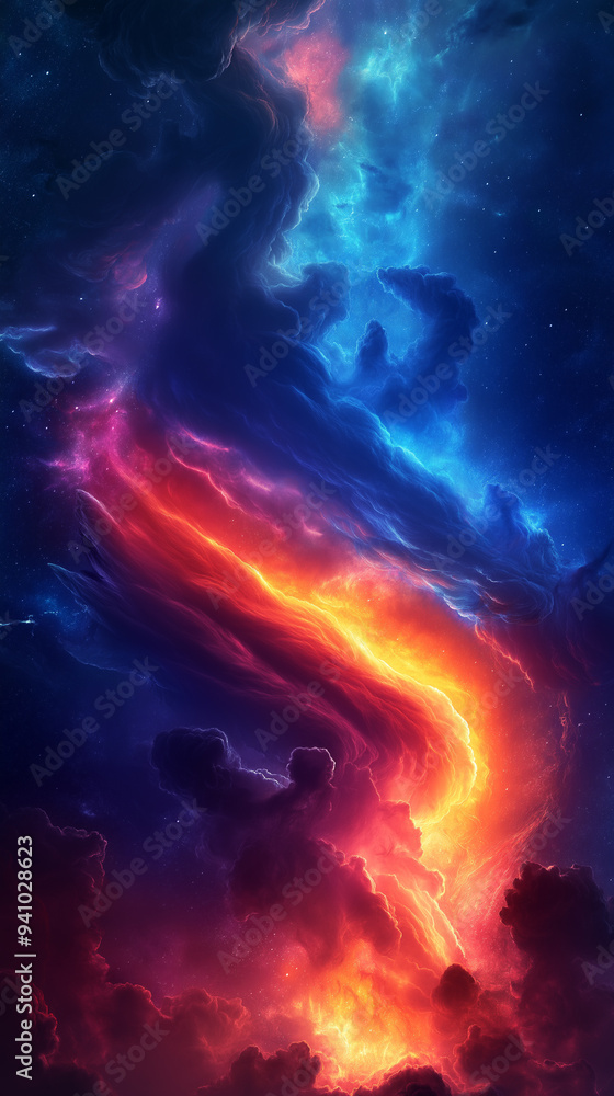 a struggle between an orange lightning and a blue cloud on a dark background AI generated a struggle between an orange lightning and a blue cloud on a dark background AI generated