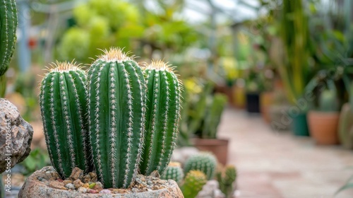 Green cactuses in botanical garden photo