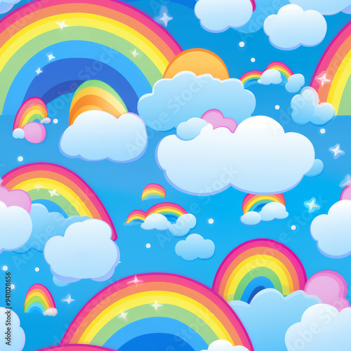 Seamless pattern with rainbows, clouds, and stars on a blue background.