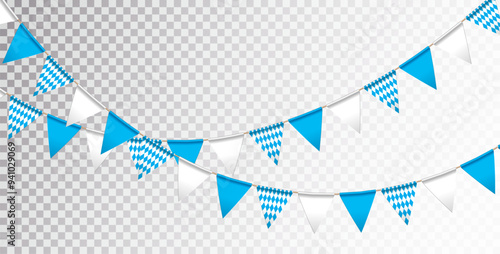 Blue and White Bavaria Party Flag Garland Isolated on Clean Background. Vector Oktoberfest Illustration for Traditional German Beer Festival. Holiday Celebration Flyer Design Template for Banner
