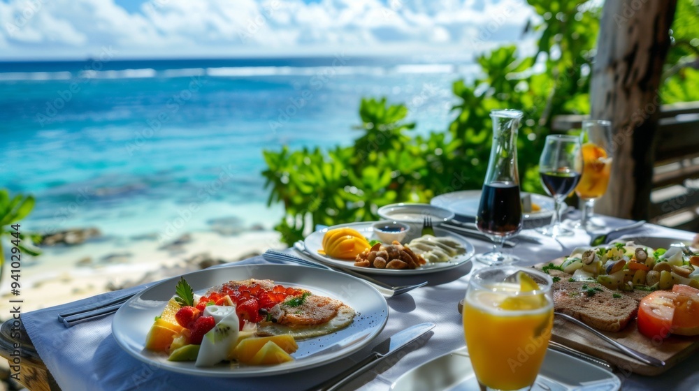 Tropical dining experience by the beach with a stunning ocean view on a sunny day in paradise Tropical dining experience by the beach with a stunning ocean view on a sunny day in paradise