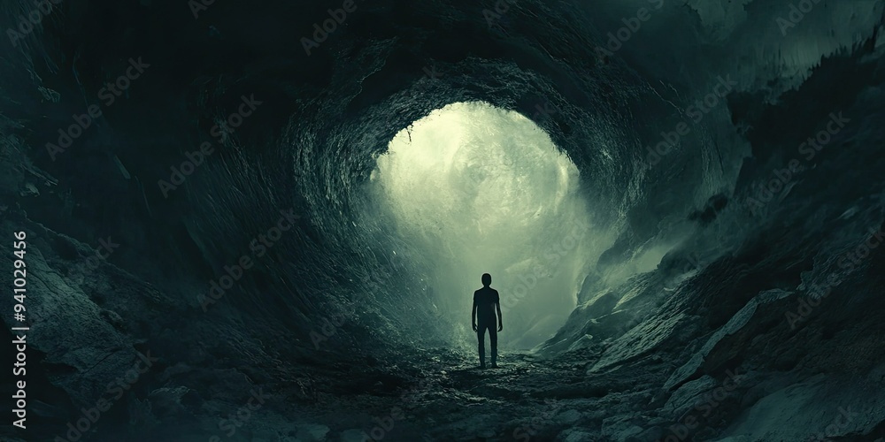 Naklejka premium A lone figure stands in a dark cave.