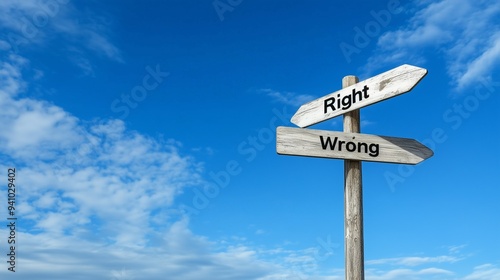 Right wrong choice arrow or direction signpost against blue sky