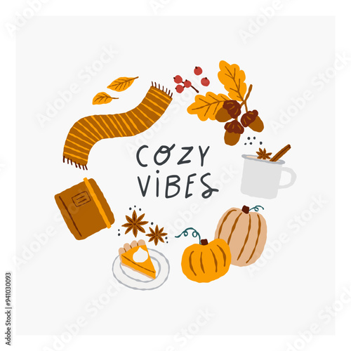 Fall season cozy composition with lettering. Various autumn elements. Hand drawn vector illustration.