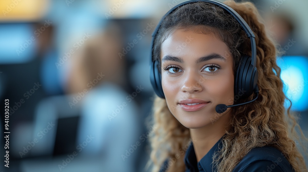 A young woman with a headset smiles while working in a busy office environment. A young woman with a headset smiles while working in a busy office environment.
