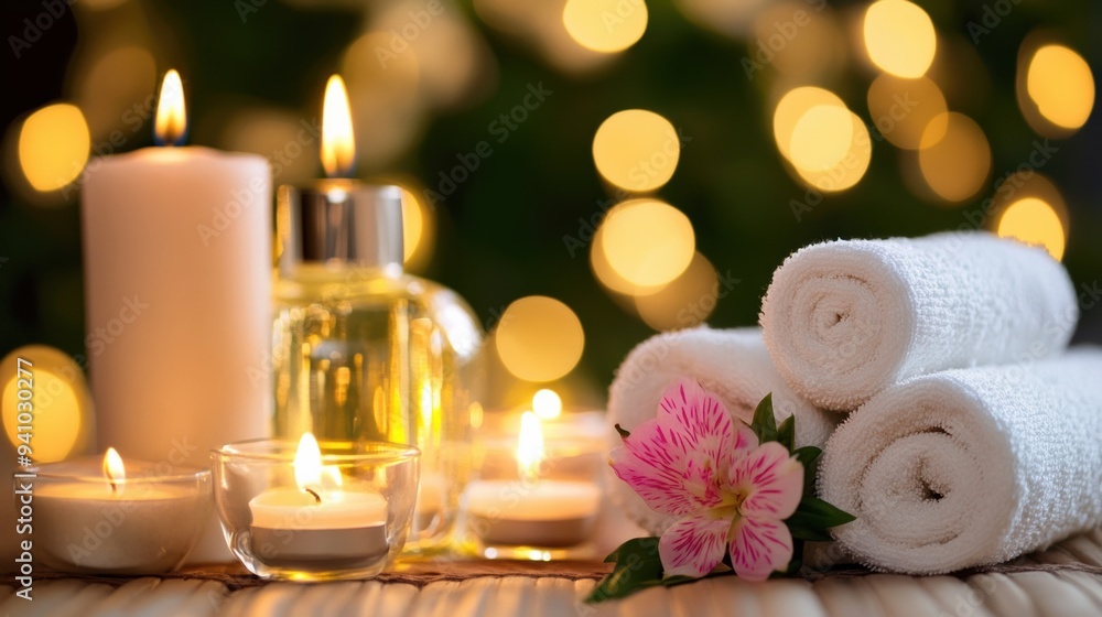 A candle, a flower and some towels on the table, AI A candle, a flower and some towels on the table, AI