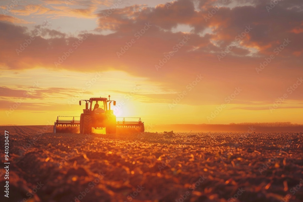 Fototapeta premium A tractor sits in a field during a beautiful sunset
