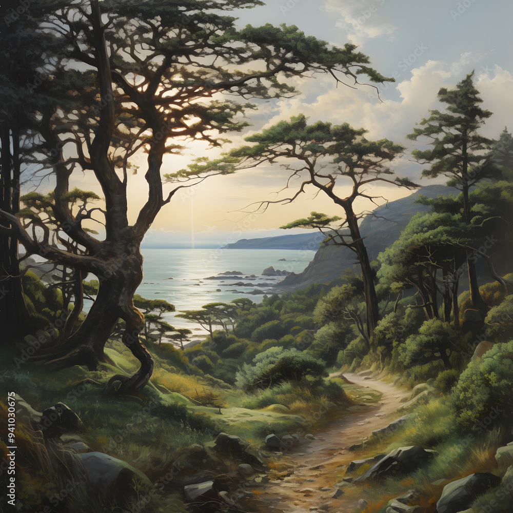 autumn forest in the sunset, oil painting style, blue sea, green tree, yellow sky autumn forest in the sunset, oil painting style, blue sea, green tree, yellow sky