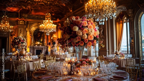 Beautiful Event Location featuring extravagant chandeliers and lavish centerpieces.