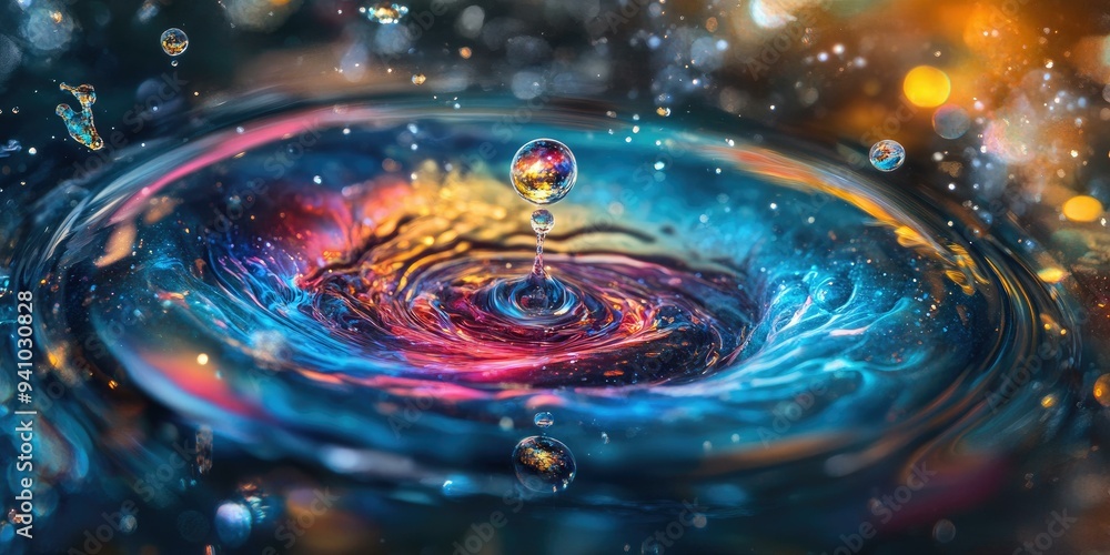 Water drop creates abstract, colorful ripples. Water drop creates abstract, colorful ripples.