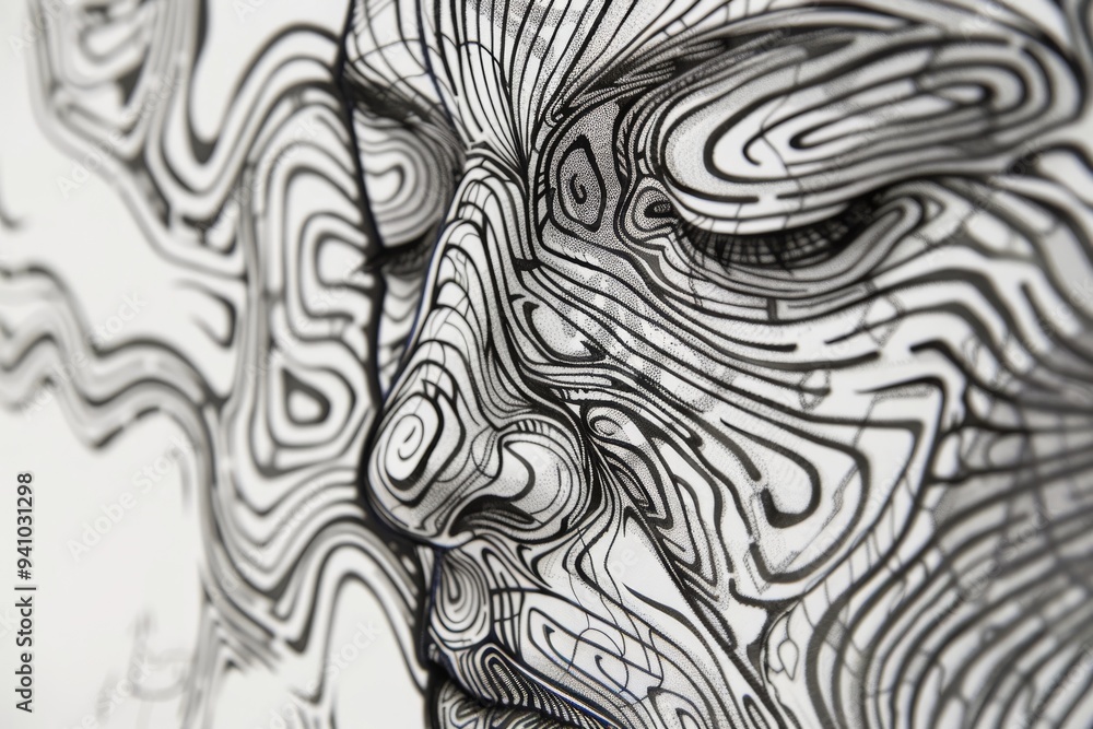 A black and white sketch featuring a man with wires, illustrating a complex relationship between the individual and technology, Ai generated A black and white sketch featuring a man with wires, illustrating a complex relationship between the individual and technology, Ai generated
