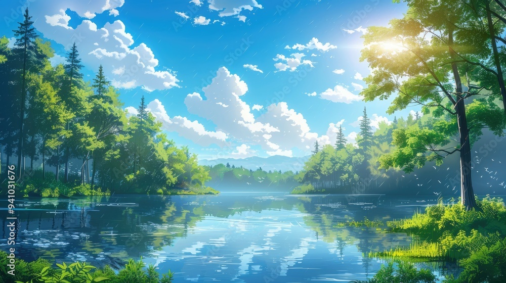A Serene Lake Surrounded by Lush Green Trees and Blue Skies A Serene Lake Surrounded by Lush Green Trees and Blue Skies