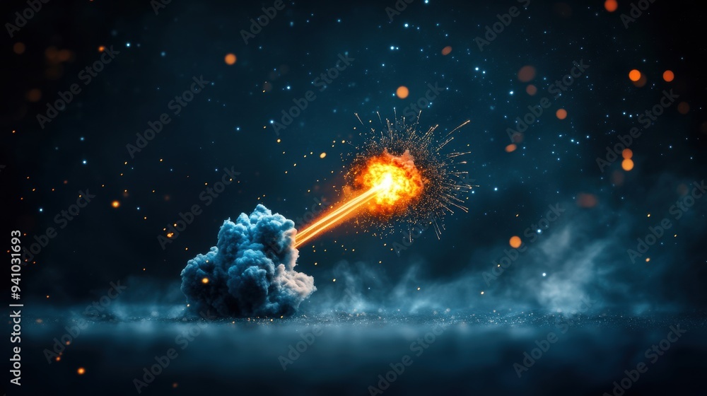 Naklejka premium A single firework exploding near a constellation, creating a dazzling spectacle of light and celestial wonder.