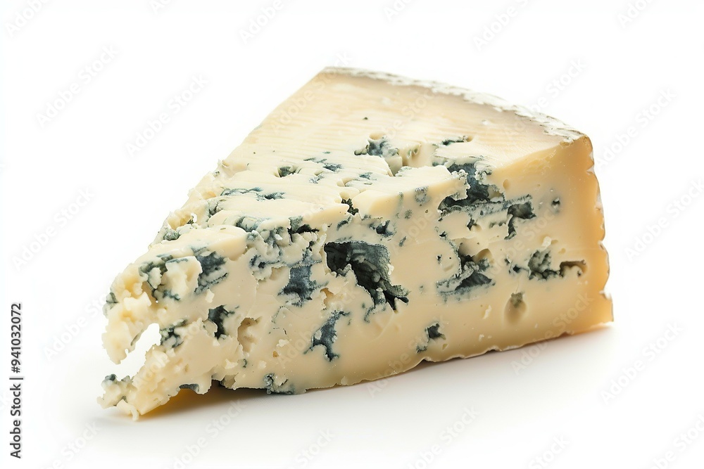 Creamy blue cheese wedge with marbled texture on a plain background Creamy blue cheese wedge with marbled texture on a plain background