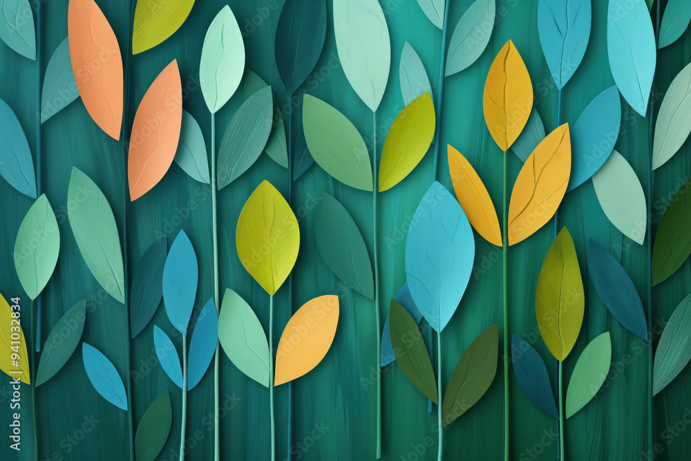 Eco-themed illustration featuring a seamless pattern of stylized leaves in vibrant shades of green, blue, and orange. The design evokes a sense of nature and tranquility. Eco-themed illustration featuring a seamless pattern of stylized leaves in vibrant shades of green, blue, and orange. The design evokes a sense of nature and tranquility.