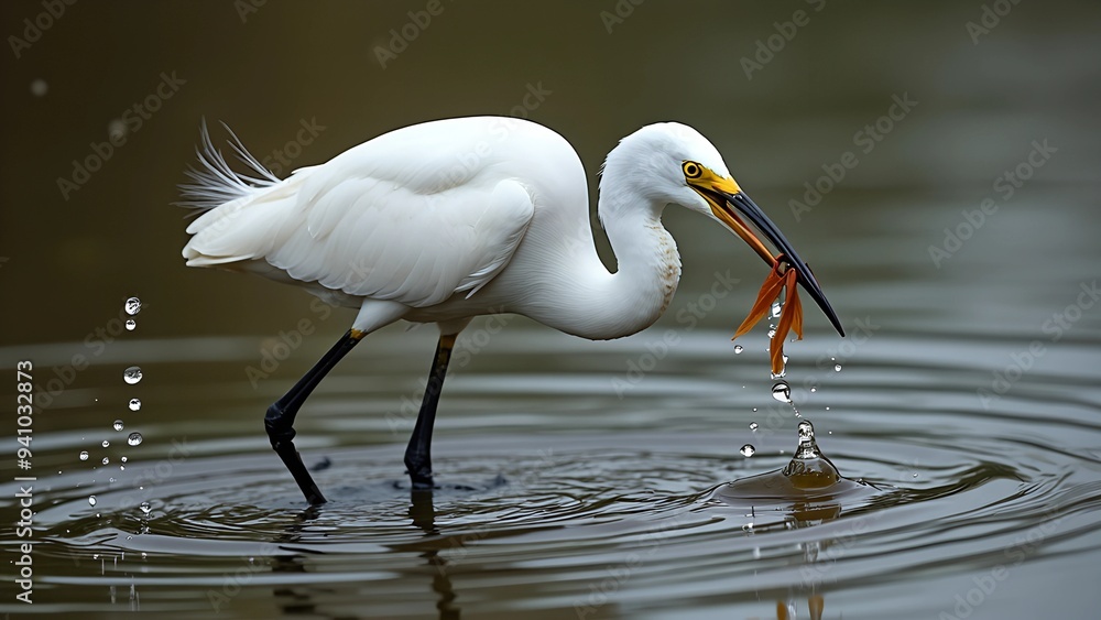 Fototapeta premium Little egret bird in mouth fish image 