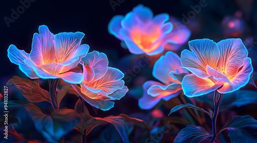 Glowing Neon Flowers on Dark Background