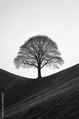 Black and white photograph of a sycamore tree in a hill gap, high contrast, minimalistic style, and silhouette lighting. photo