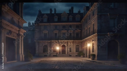 A cobblestone street with an old building at night.