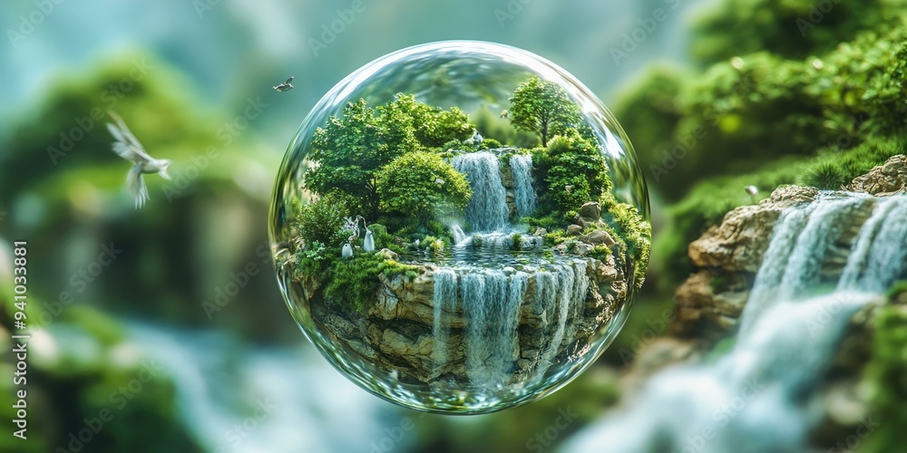 Miniature waterfall inside glass orb. Miniature waterfall inside glass orb.