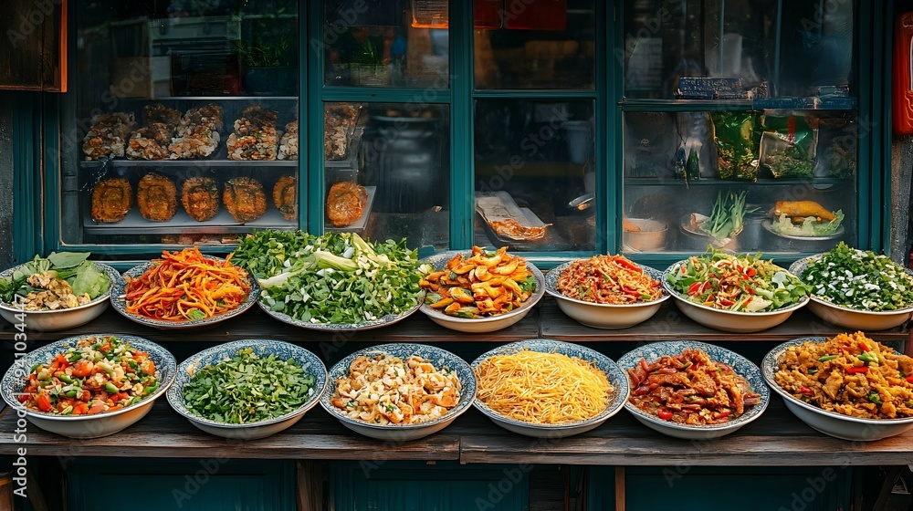 Chinese Food street Foot tall display Bowls of Noodles Vegetables and Meat dishes Chinese Food street Foot tall display Bowls of Noodles Vegetables and Meat dishes
