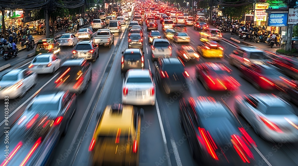 Heavy traffic flows down a busy city street in Bangkok during rush hour. Heavy traffic flows down a busy city street in Bangkok during rush hour.