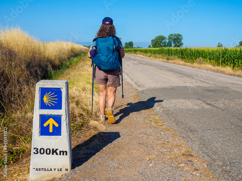 A pilgrim walking along a rural road on the Camino de Santiago, passing by a milestone with the Yellow Scallop Shell and Yellow Arrow symbols, indicating 300 km remaining to Santiago de Compostela.
