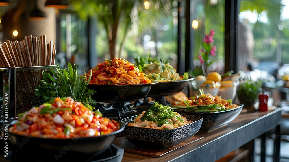 Obraz premium delicious Asian Food Buffet with stir Fried dishes