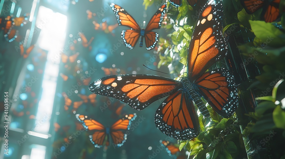 Monarch Butterflies in Futuristic Greenhouse Monarch Butterflies in Futuristic Greenhouse