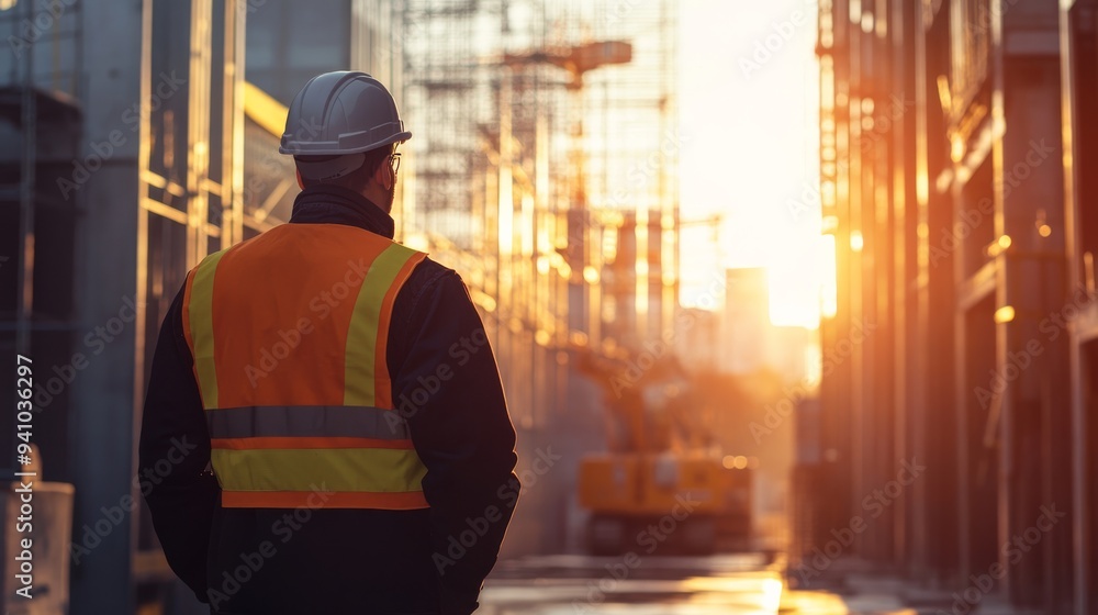 Security service worker inspecting premises at a construction site. Security service worker inspecting premises at a construction site.