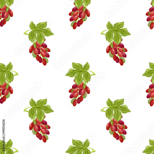 Grapes seamless pattern. Grapevine with leaves and red berries, vinery elements. Fresh harvest, agricultural market goods. Fruit vector illustration on white background