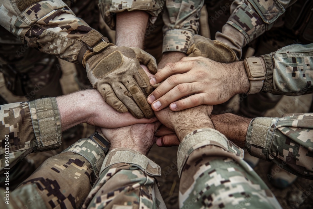 Obraz premium Group of military personnel standing in a line, hands clasped together