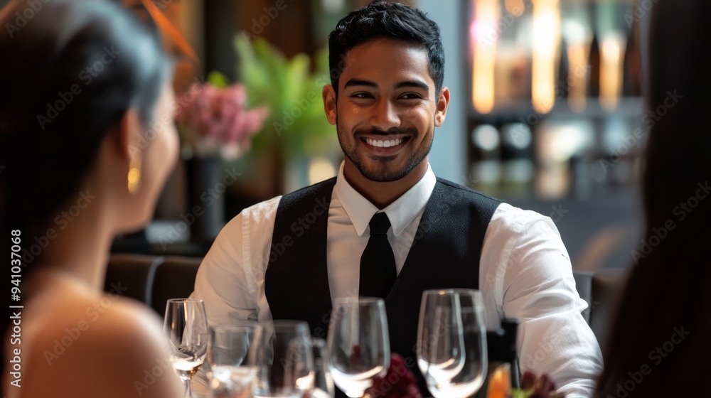 Service professional worker assisting a customer with a smile in restaurant or cafe. Service professional worker assisting a customer with a smile in restaurant or cafe.