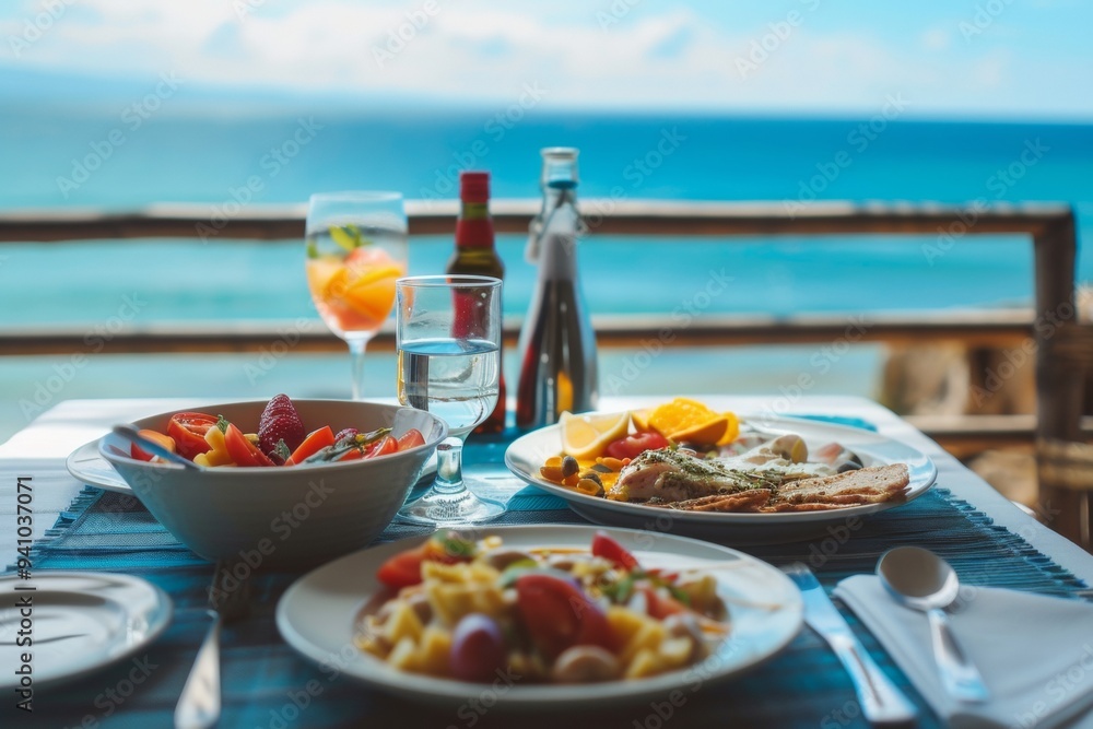 Delicious seafood lunch with fresh salad and drinks overlooking the ocean on a sunny day Delicious seafood lunch with fresh salad and drinks overlooking the ocean on a sunny day