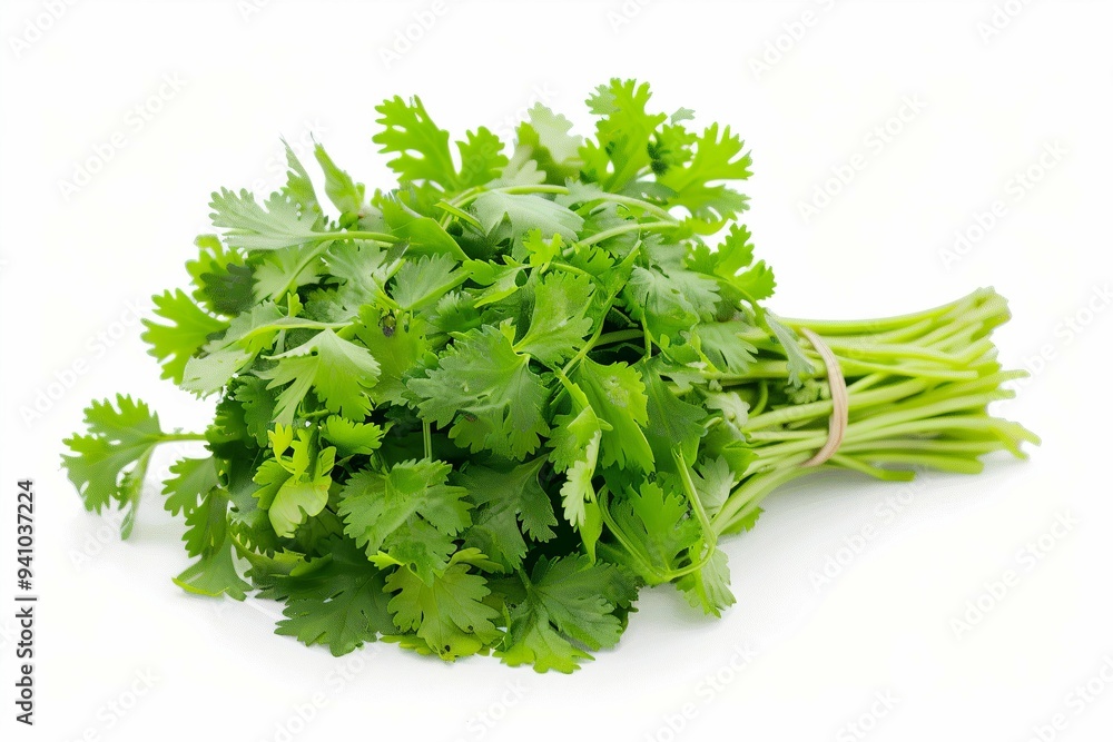 Fresh cilantro bundle on a white background ready for culinary use in various dishes Fresh cilantro bundle on a white background ready for culinary use in various dishes