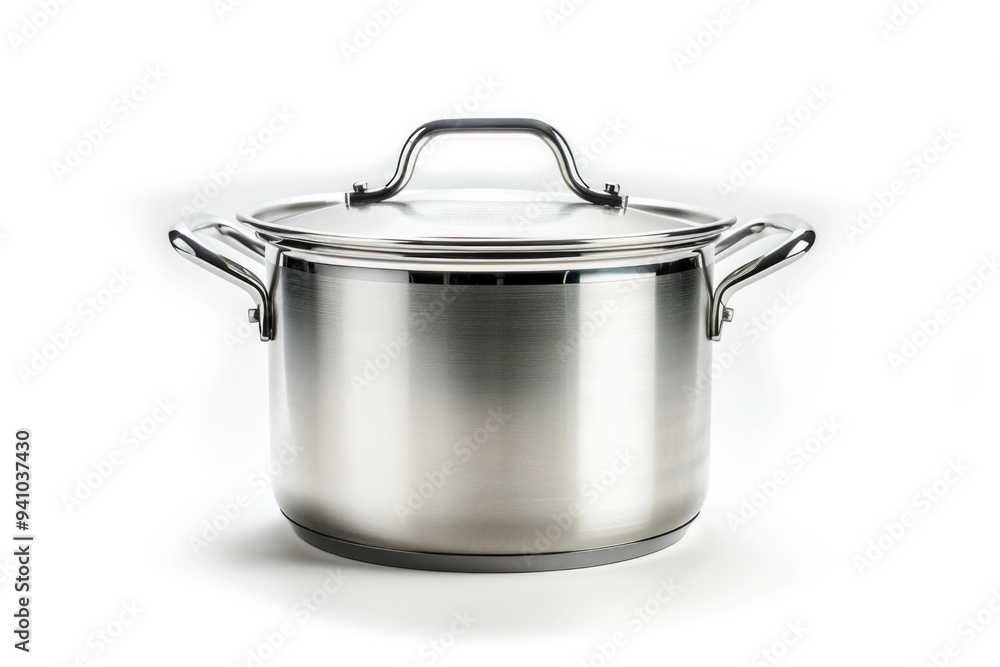 A stainless steel pot on a clean and plain white surface A stainless steel pot on a clean and plain white surface