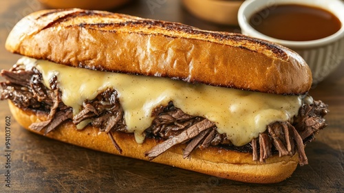 Juicy roast beef sandwich with melted cheese, served with a side of au jus, hearty and comforting