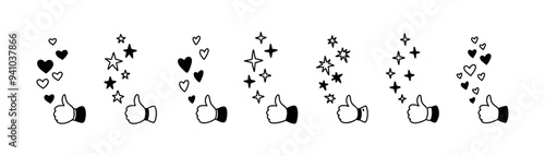 Cute line doodle thumb up icon. Positive reaction for social media post, live stream, book, online shopping experience. Handwriting falling stars, bling, sparks, glitter, hears, twinkle