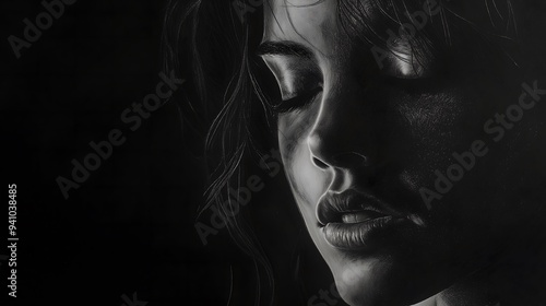 Serene Woman, Black and White Portrait Art