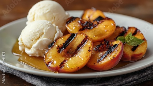 Juicy grilled peaches with honey drizzle, served with vanilla ice cream, warm and comforting dessert
