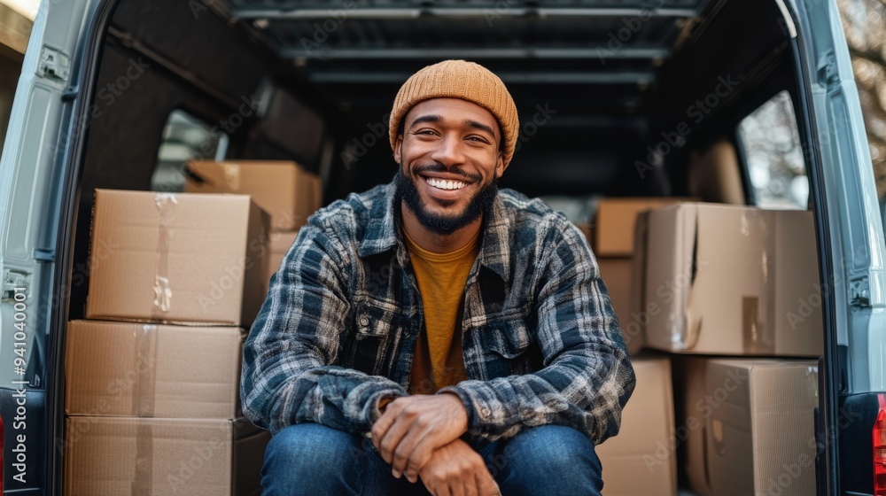 Smiling delivery driver organizing packages in the back of a delivery van. Smiling delivery driver organizing packages in the back of a delivery van.