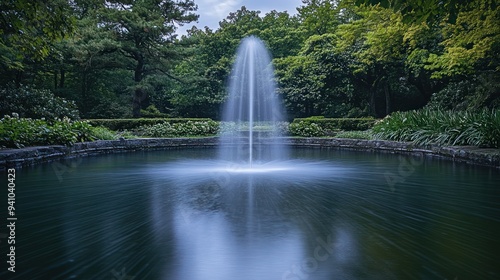 A Tall Water Fountain in a Lush Garden Pond