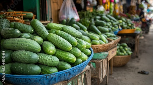 Cucumbers, a popular vegetable, are sold cheaply in a Banten, Indonesia market. The photo, taken in the morning, showcases the affordability of this produce. photo