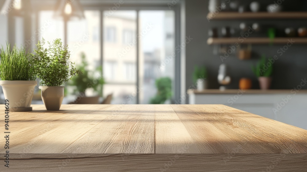 Display products on this sleek kitchen table with a blurred modern interior Display products on this sleek kitchen table with a blurred modern interior