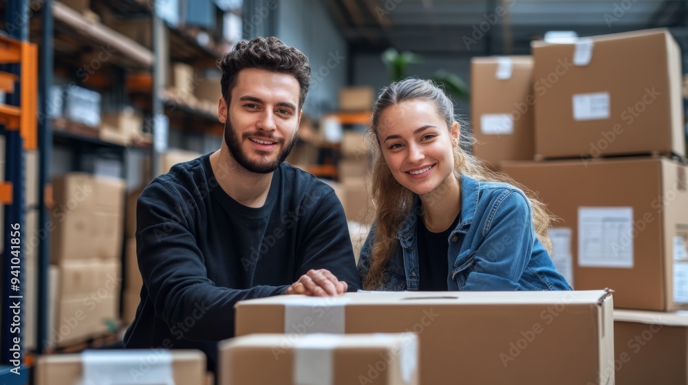 Team of young professionals working together in a warehouse, handling packages and managing logistics, showcasing effective teamwork and organization in a subscription based delivery service. Team of young professionals working together in a warehouse, handling packages and managing logistics, showcasing effective teamwork and organization in a subscription based delivery service.