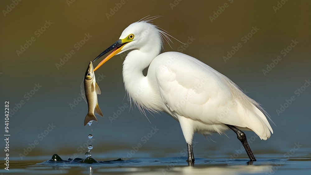 Little egret bird in mouth fish image Little egret bird in mouth fish image