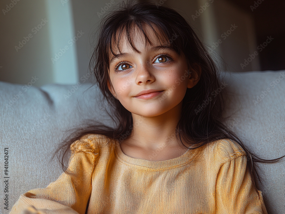 Young girl with a dreamy smile, sitting on a couch, filled with hope and aspirations. Young girl with a dreamy smile, sitting on a couch, filled with hope and aspirations.