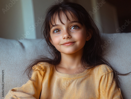 Young girl with a dreamy smile, sitting on a couch, filled with hope and aspirations.