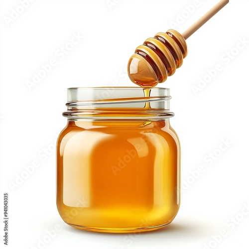 Golden honey drips from a wooden dipper into a glass jar, showcasing its rich texture and natural sweetness.